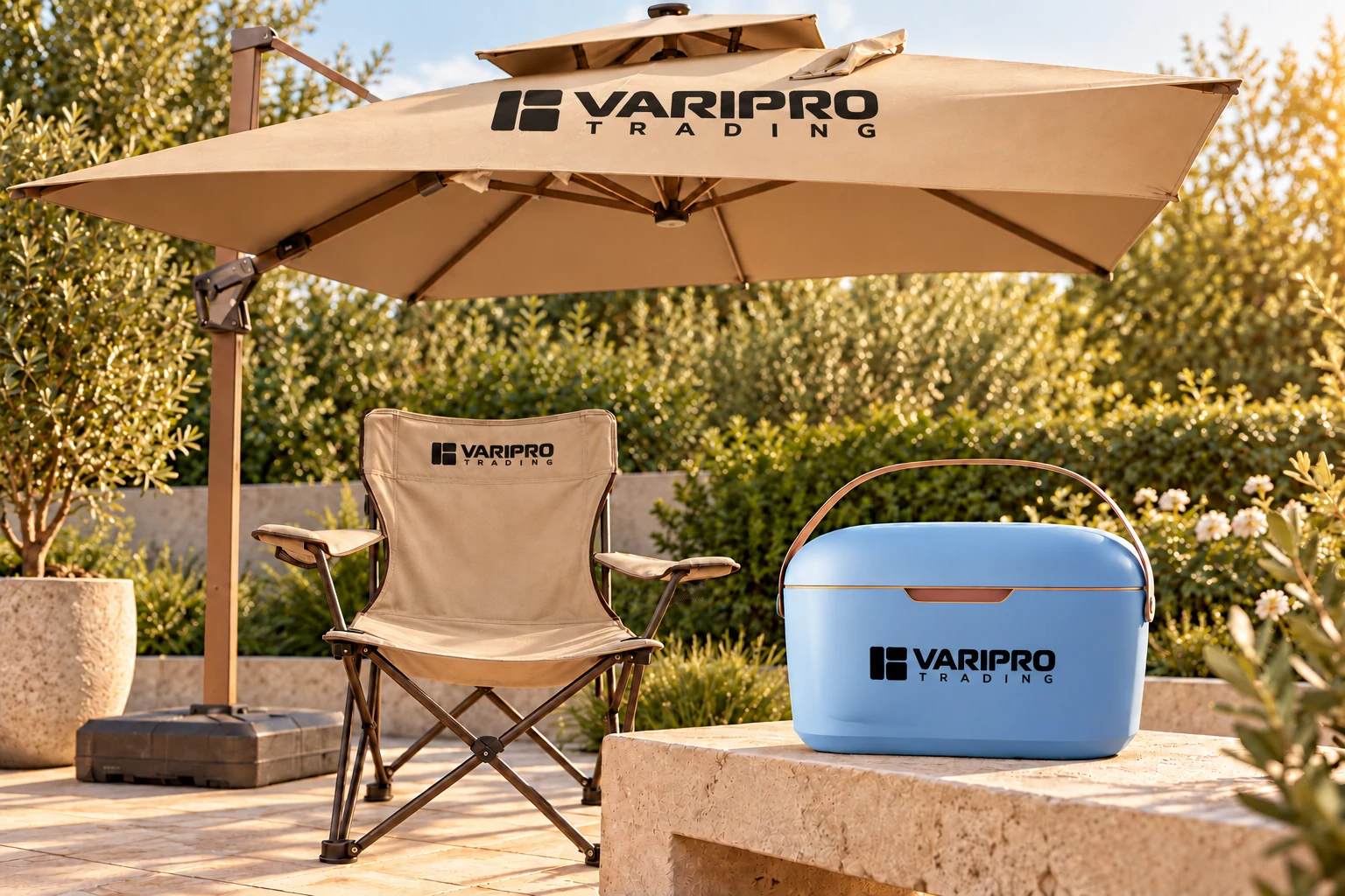 Illustrative patio scene with black Varipro Trading branding on the umbrella canopy, blue cooler and camping chair