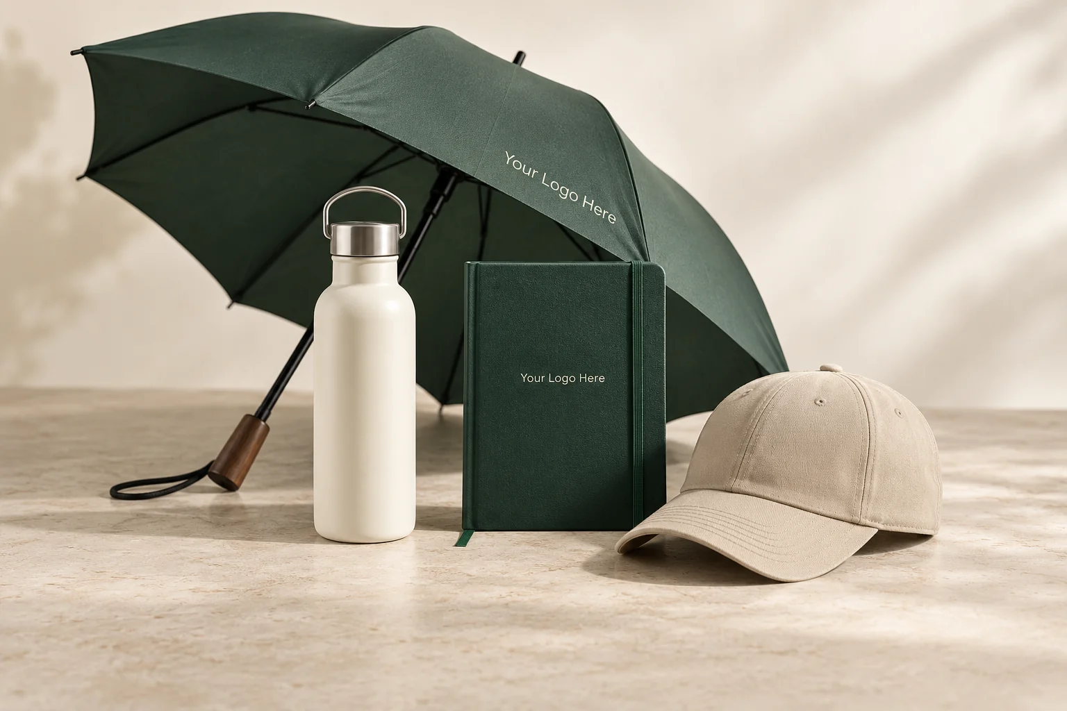 Illustrative umbrella, bottle, notebook and cap, with Your Logo Here branding on the umbrella and notebook